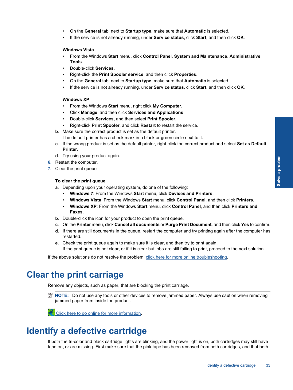 Me. see, Clear the print, Dges. see | Identify a, To identify, Clear the print carriage, Identify a defective cartridge | HP 2060 K110 User Manual | Page 35 / 48