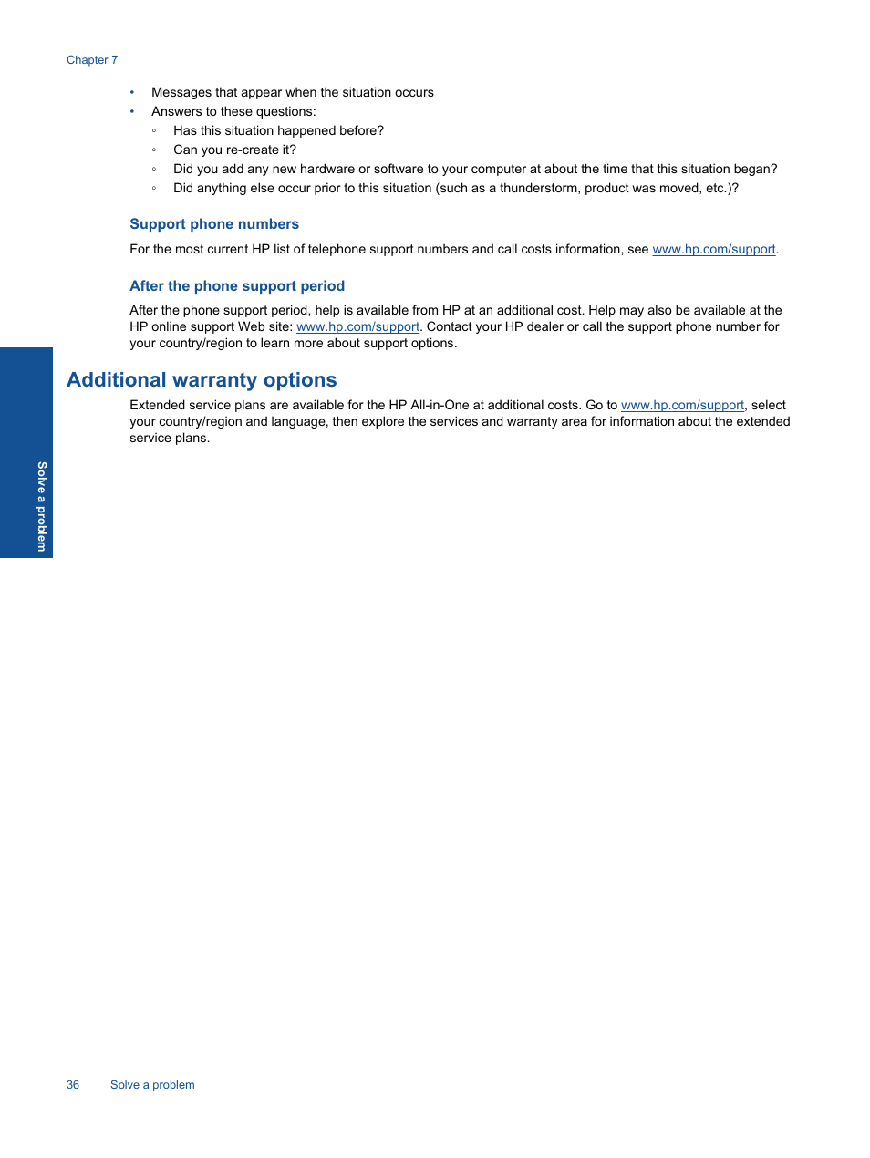 Support phone numbers, After the phone support period, Additional warranty options | HP 2060 K110 User Manual | Page 38 / 48