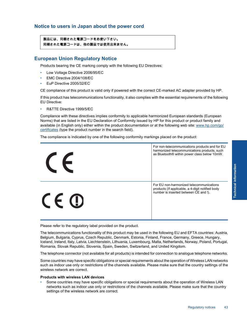 Notice to users in japan about the power cord, European union regulatory notice | HP 2060 K110 User Manual | Page 45 / 48