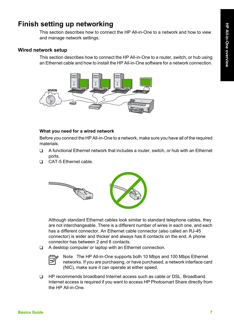 Finish setting up networking, Wired network setup, What you need for a wired network | Connect the hp all-in-one to the network | HP C5100 User Manual | Page 10 / 45