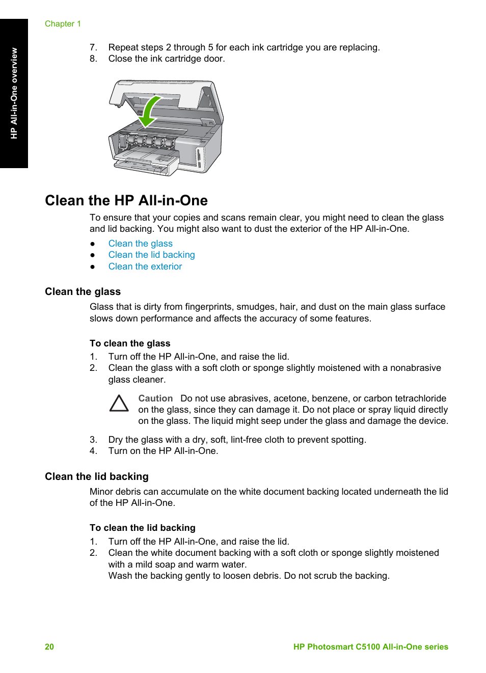 Clean the hp all-in-one, Clean the glass, Clean the lid backing | HP C5100 User Manual | Page 23 / 45