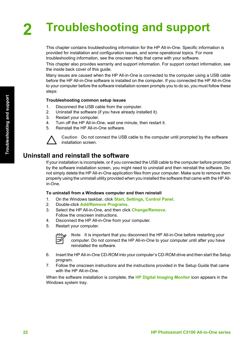 Troubleshooting and support, Uninstall and reinstall the software | HP C5100 User Manual | Page 25 / 45