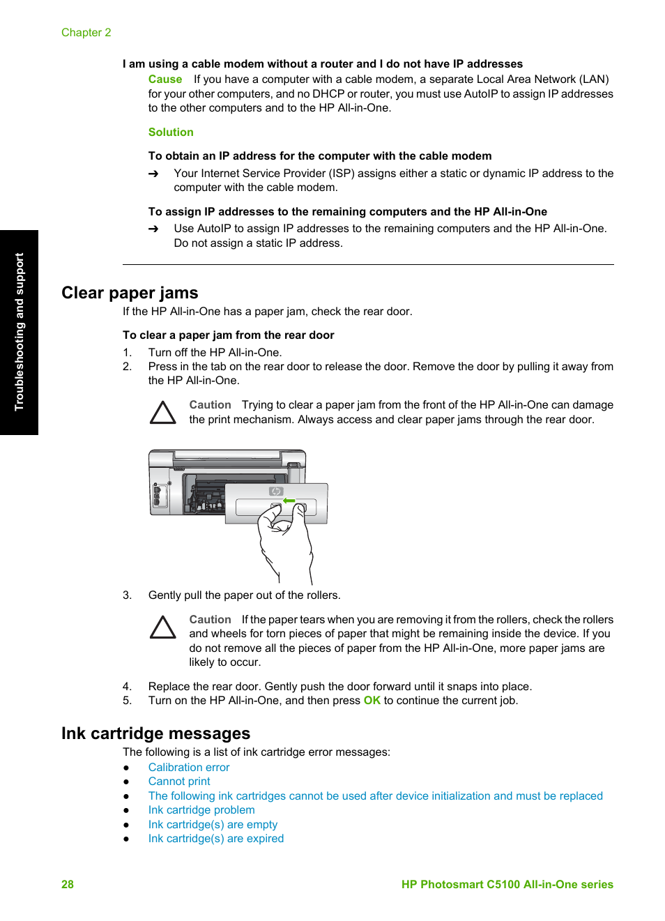 Clear paper jams, Ink cartridge messages, Clear paper jams ink cartridge messages | HP C5100 User Manual | Page 31 / 45