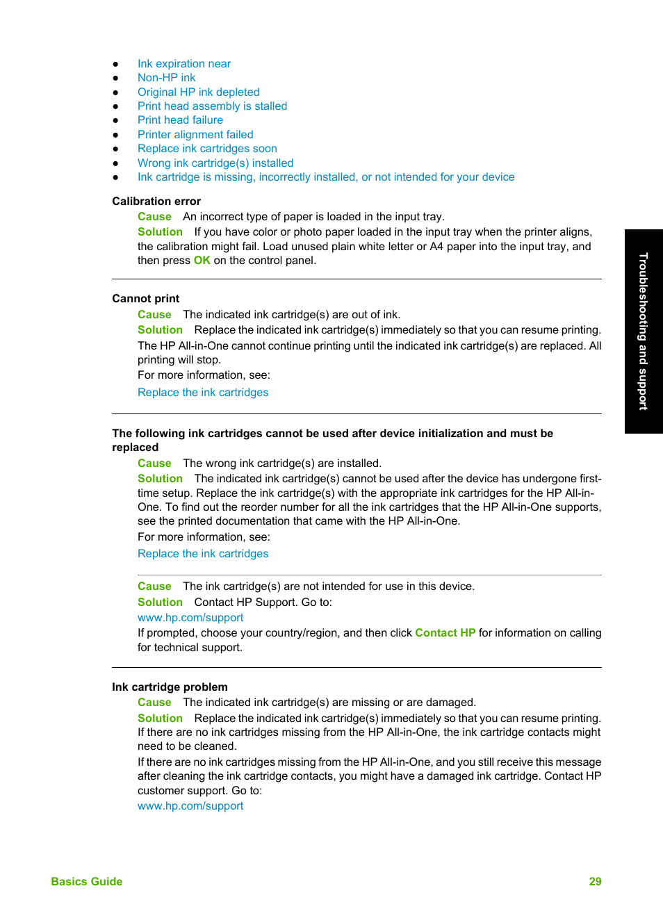 Calibration error, Cannot print, Ink cartridge problem | HP C5100 User Manual | Page 32 / 45