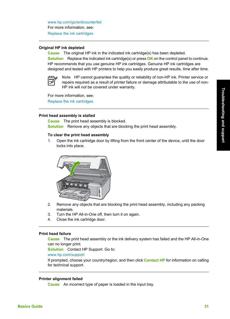 Original hp ink depleted, Print head assembly is stalled, Print head failure | Printer alignment failed | HP C5100 User Manual | Page 34 / 45