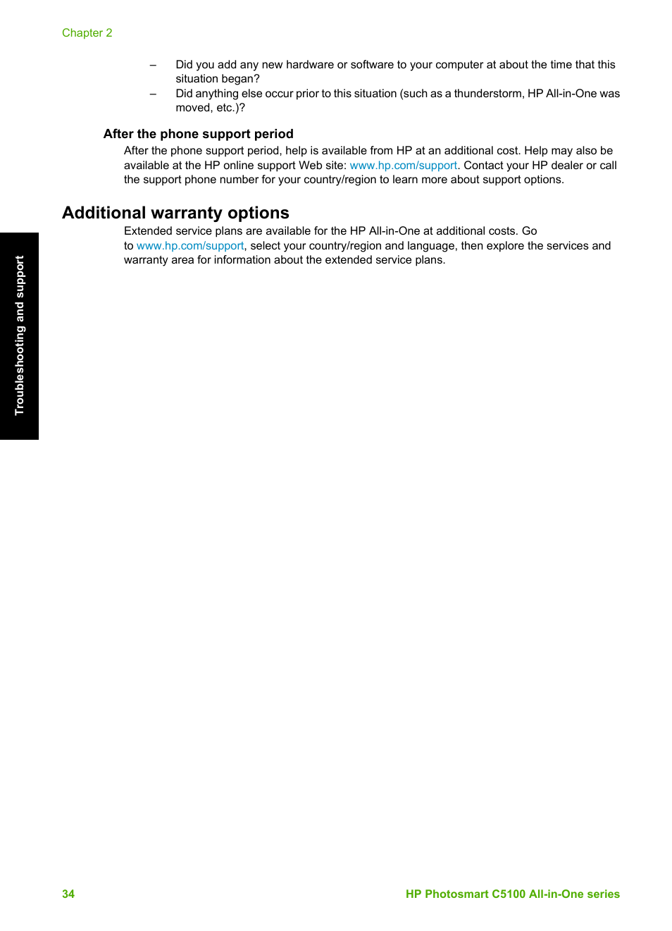 After the phone support period, Additional warranty options | HP C5100 User Manual | Page 37 / 45