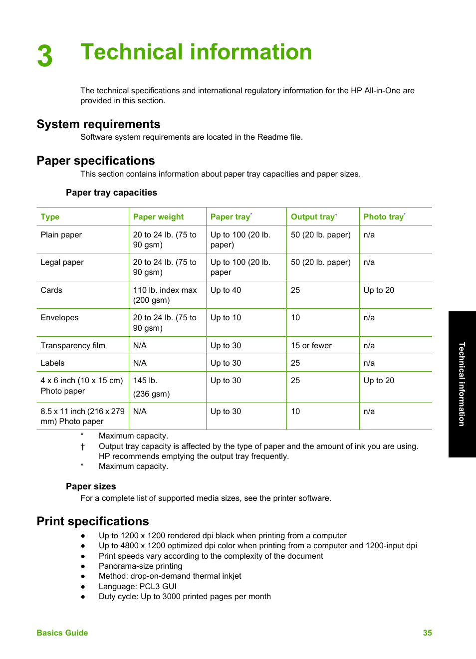 Technical information, System requirements, Paper specifications | Paper tray capacities, Paper sizes, Print specifications | HP C5100 User Manual | Page 38 / 45