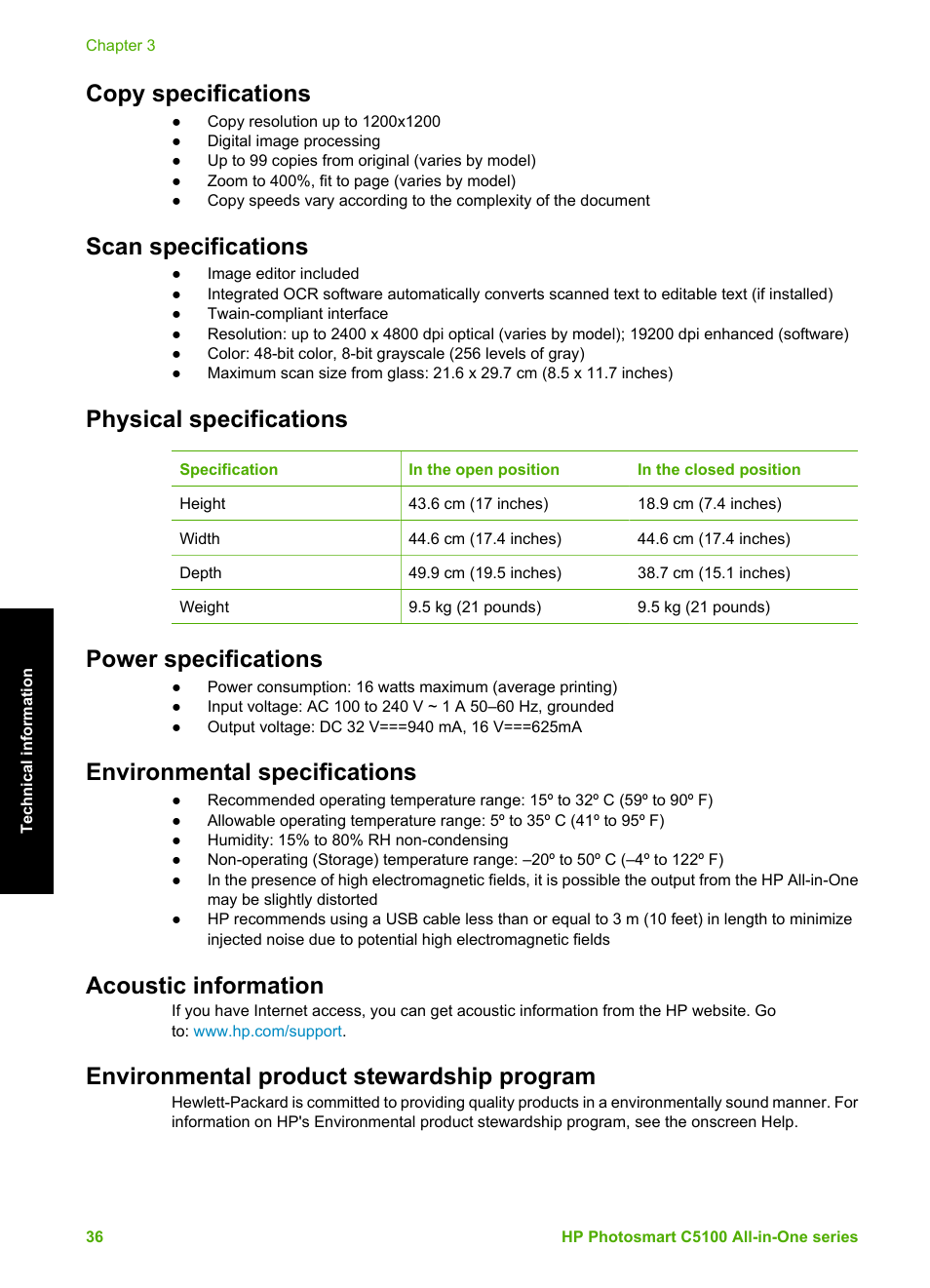 Copy specifications, Scan specifications, Physical specifications | Power specifications, Environmental specifications, Acoustic information, Environmental product stewardship program | HP C5100 User Manual | Page 39 / 45