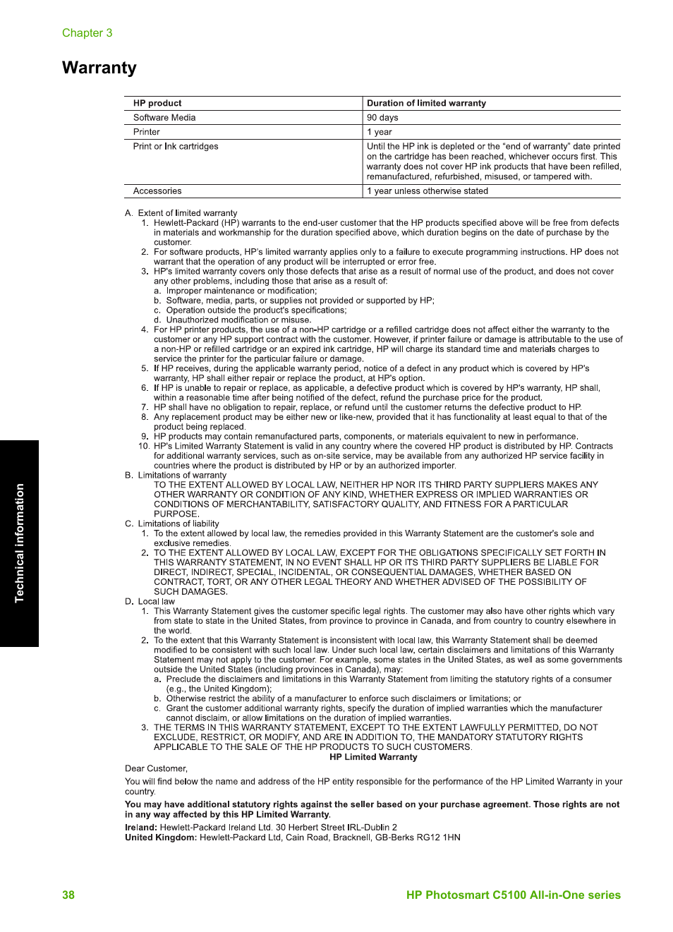 Warranty | HP C5100 User Manual | Page 41 / 45