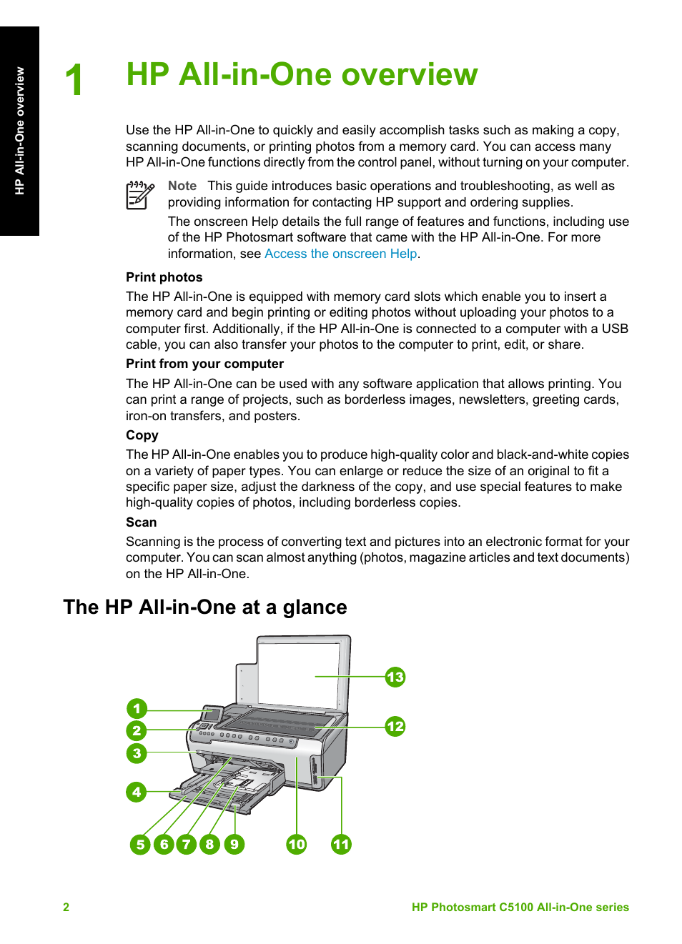 Hp all-in-one overview, The hp all-in-one at a glance | HP C5100 User Manual | Page 5 / 45