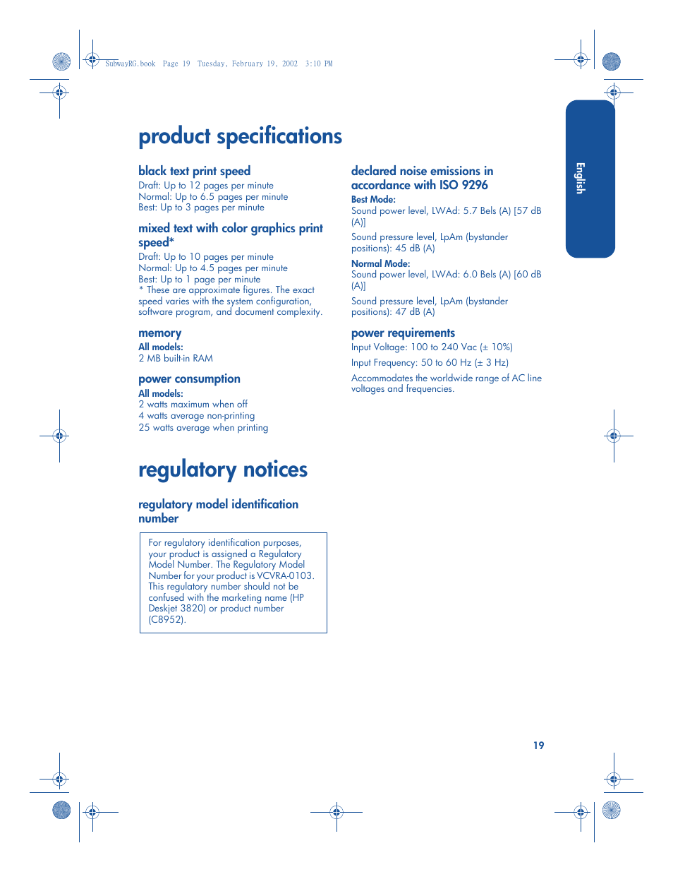 Product specifications, Regulatory notices | HP 3820 User Manual | Page 23 / 24