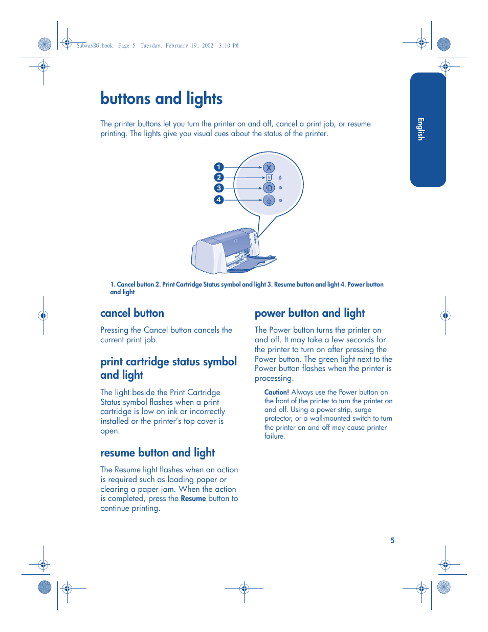 Buttons and lights, Cancel button, Print cartridge status symbol and light | Resume button and light, Power button and light | HP 3820 User Manual | Page 9 / 24