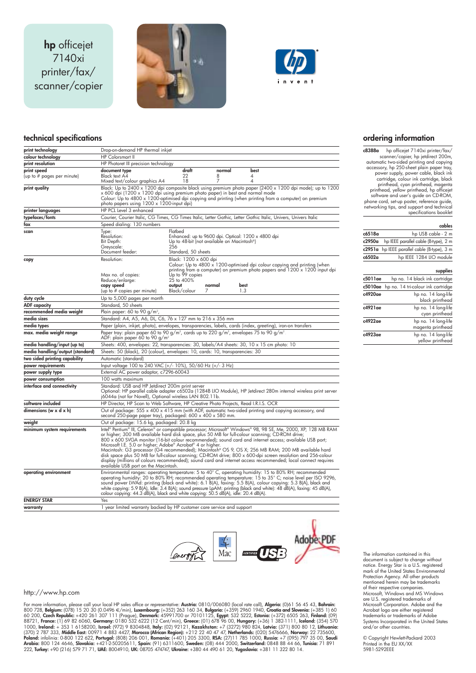 Hp officejet 7140xi printer/fax/ scanner/copier, Technical specifications, Ordering information | HP officejet 7140xi User Manual | Page 2 / 2