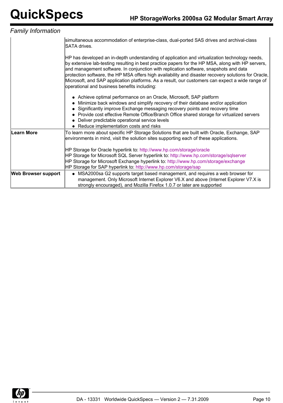 Quickspecs | HP MODULAR SMART ARRAY 2000 SA G2 User Manual | Page 10 / 24