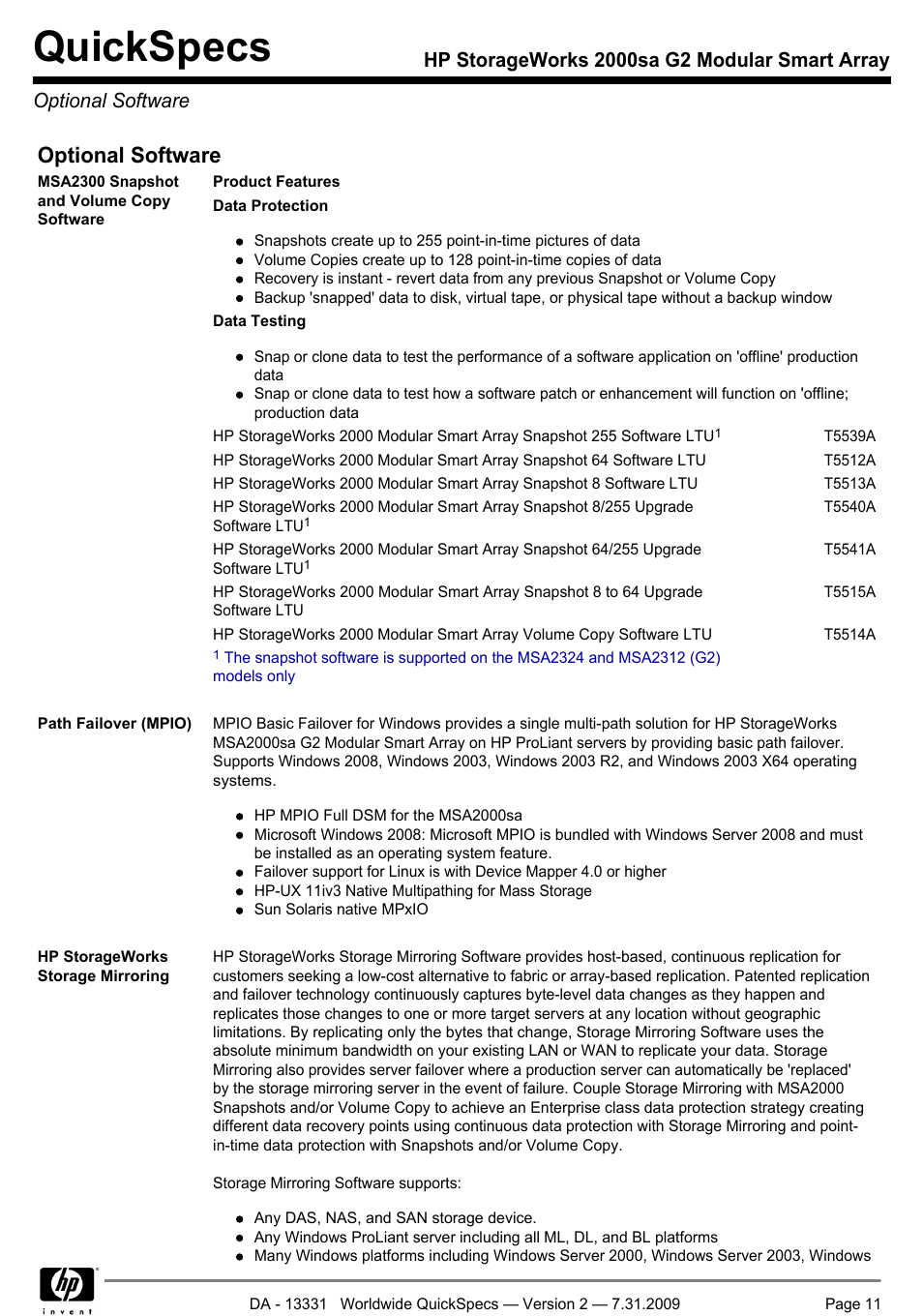 Optional software, Quickspecs | HP MODULAR SMART ARRAY 2000 SA G2 User Manual | Page 11 / 24
