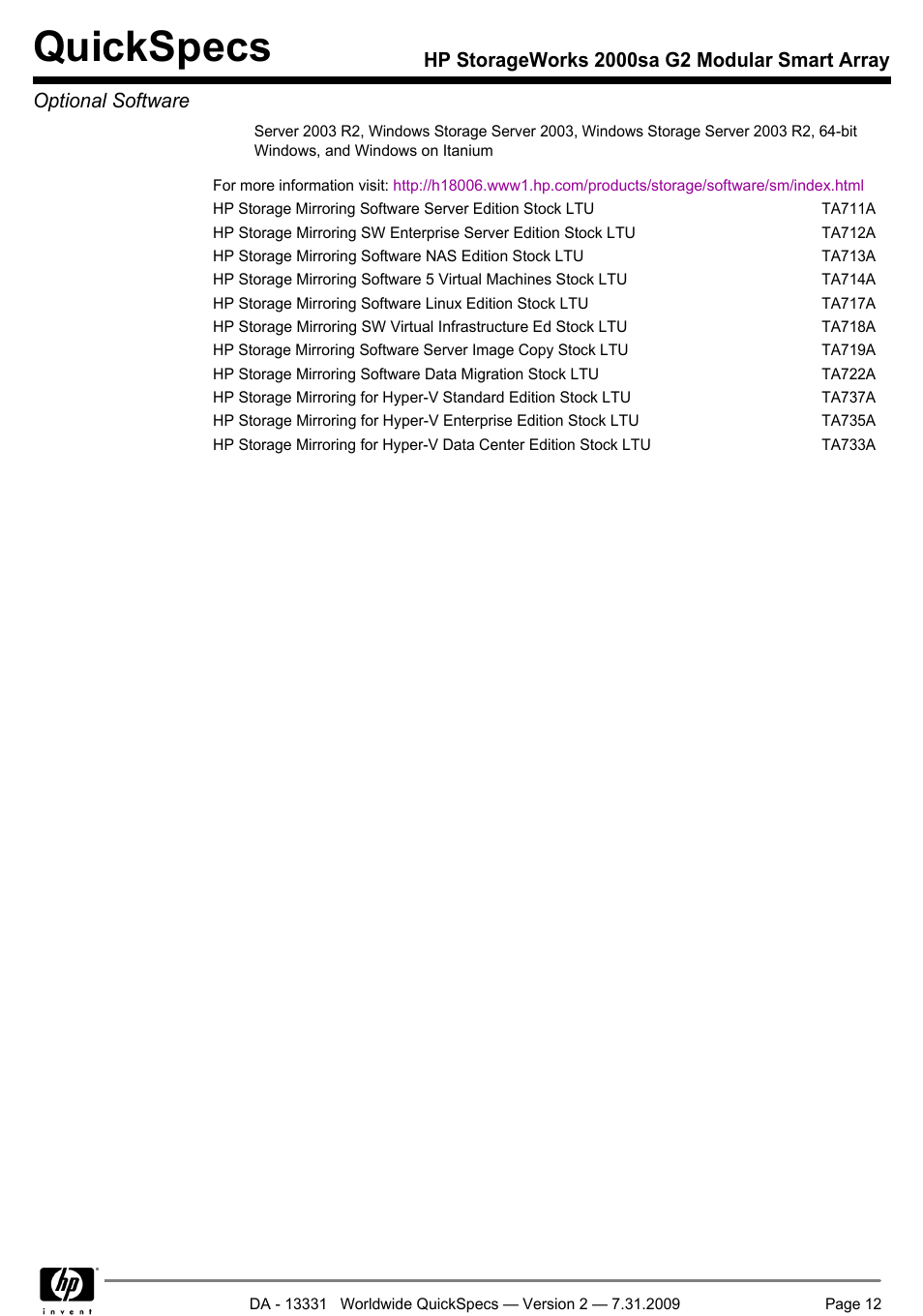 Quickspecs | HP MODULAR SMART ARRAY 2000 SA G2 User Manual | Page 12 / 24