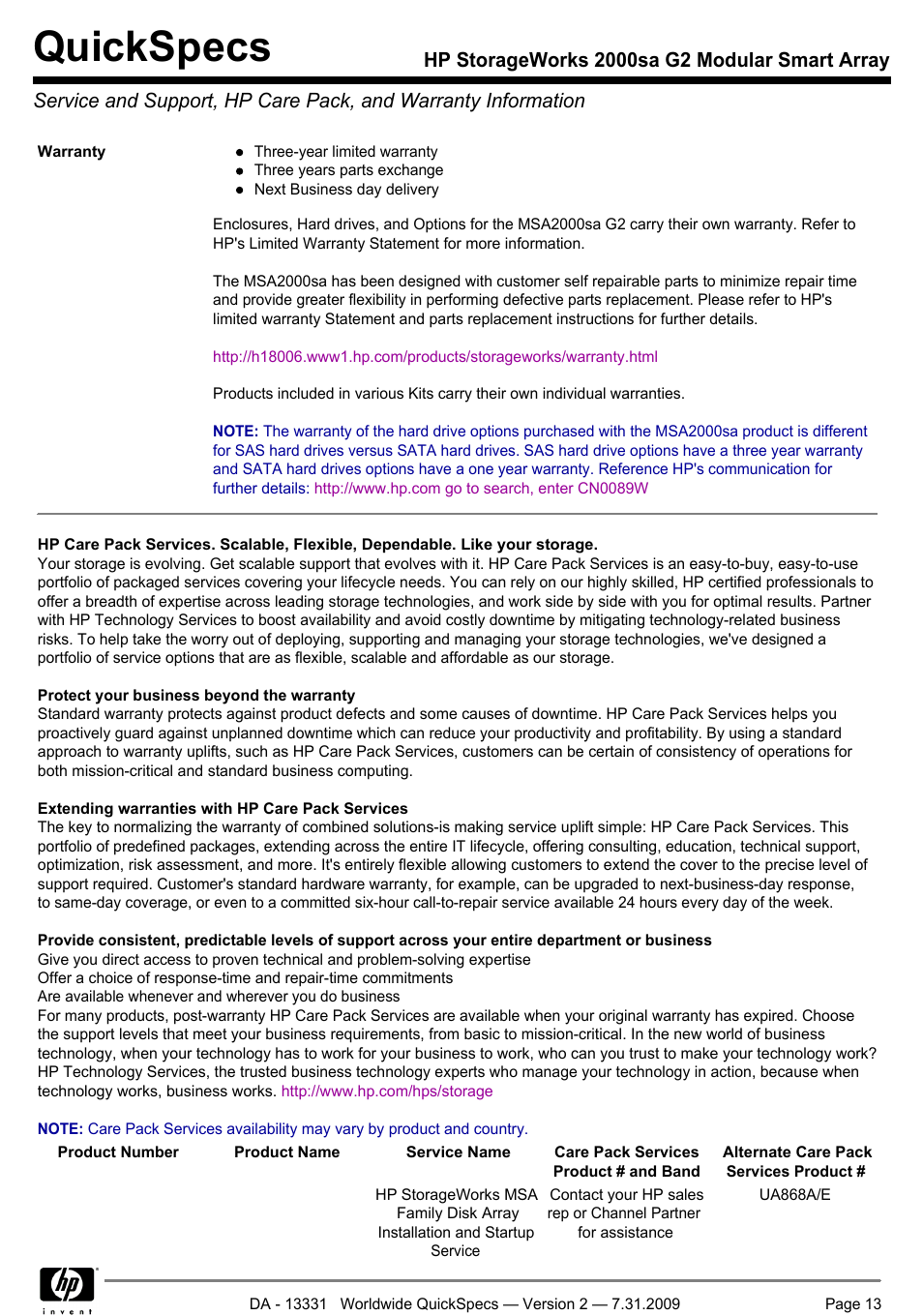 Quickspecs | HP MODULAR SMART ARRAY 2000 SA G2 User Manual | Page 13 / 24