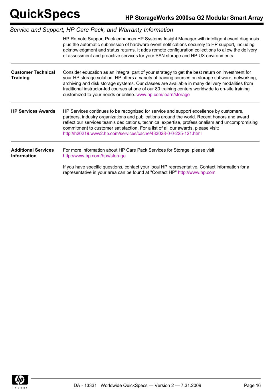 Quickspecs | HP MODULAR SMART ARRAY 2000 SA G2 User Manual | Page 16 / 24