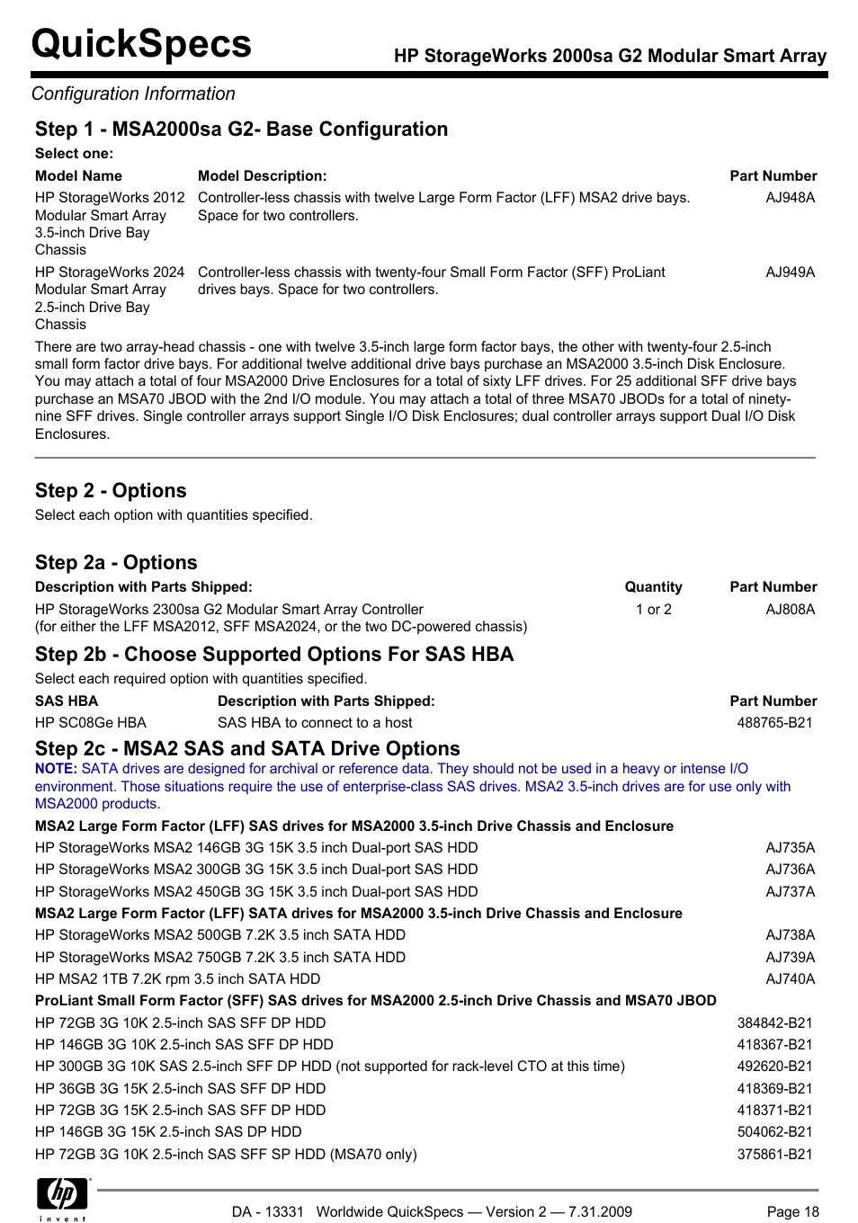 Quickspecs, Step 2 - options, Step 2a - options | Step 2b - choose supported options for sas hba, Step 2c - msa2 sas and sata drive options | HP MODULAR SMART ARRAY 2000 SA G2 User Manual | Page 18 / 24