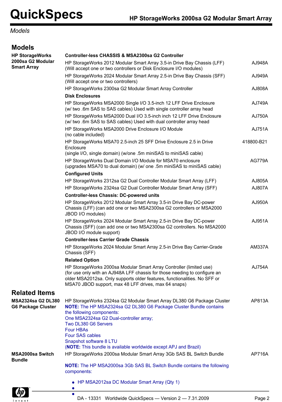 Models, Quickspecs, Related items | HP MODULAR SMART ARRAY 2000 SA G2 User Manual | Page 2 / 24