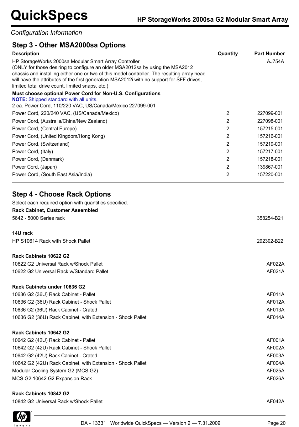 Quickspecs, Step 4 - choose rack options | HP MODULAR SMART ARRAY 2000 SA G2 User Manual | Page 20 / 24