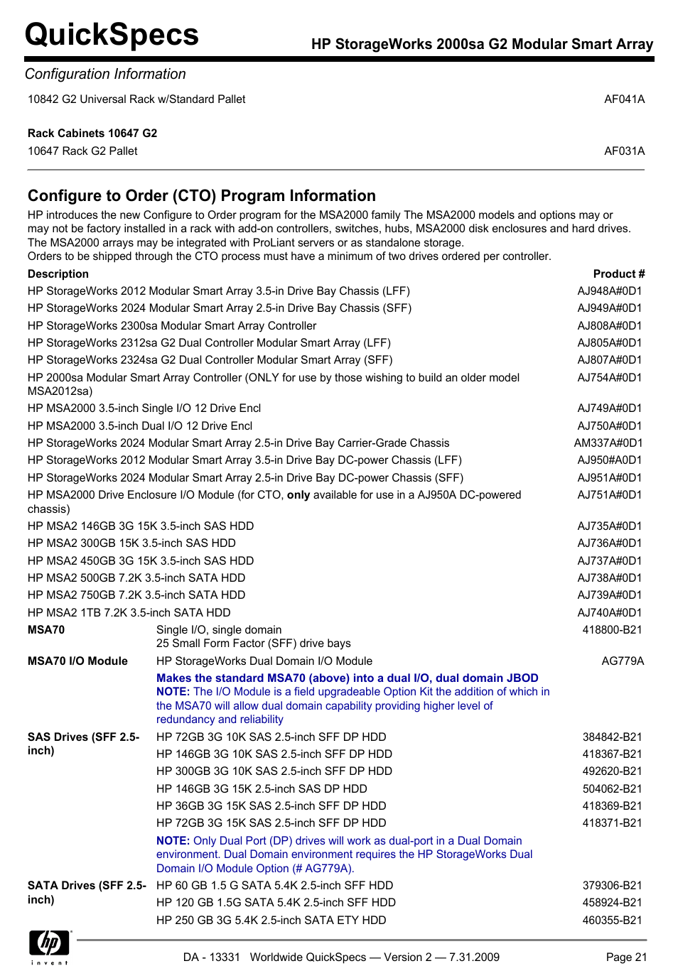 Quickspecs, Configure to order (cto) program information | HP MODULAR SMART ARRAY 2000 SA G2 User Manual | Page 21 / 24