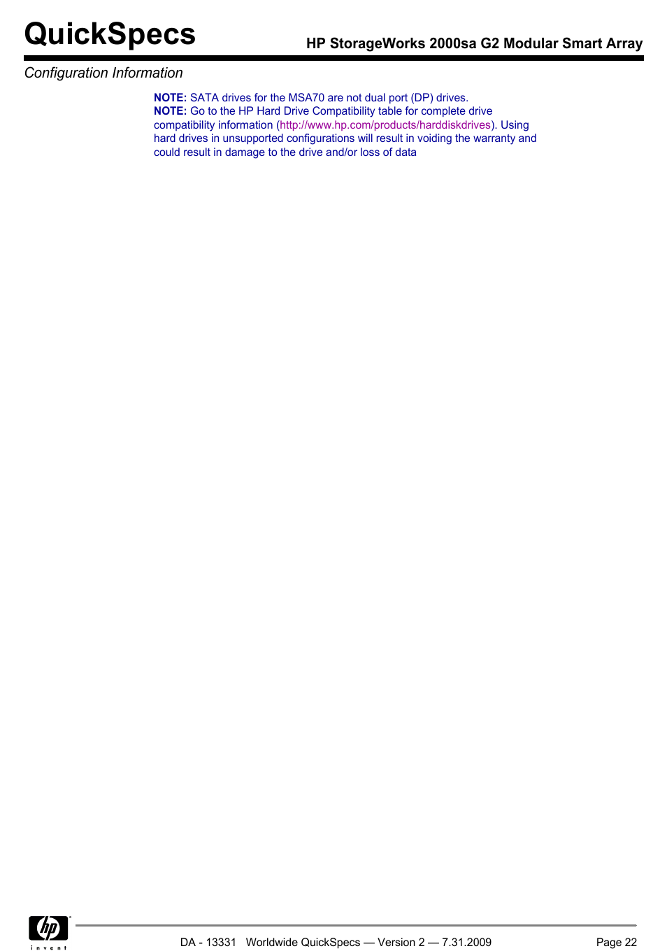 Quickspecs | HP MODULAR SMART ARRAY 2000 SA G2 User Manual | Page 22 / 24