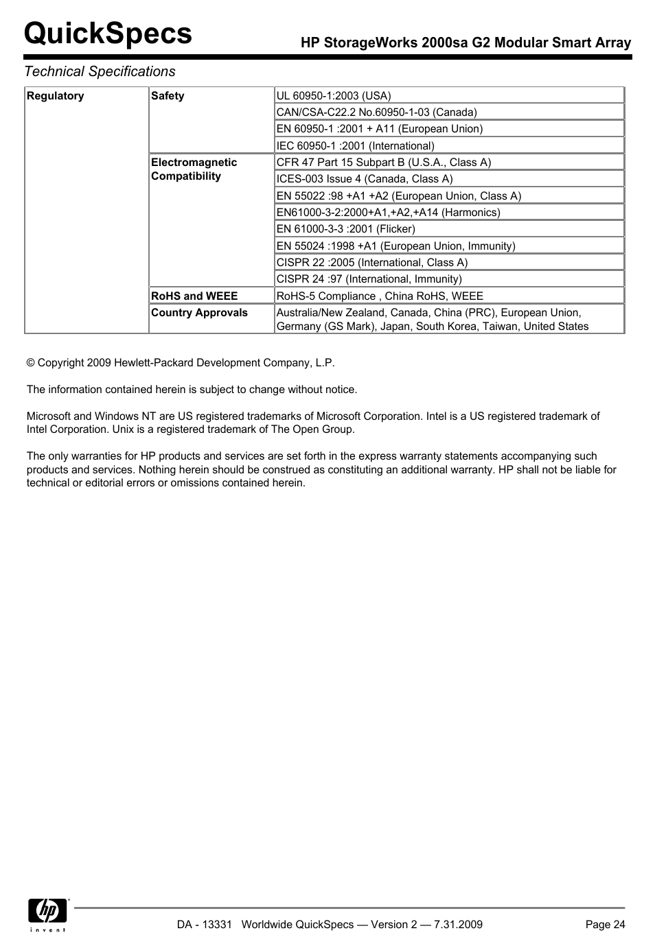 Quickspecs | HP MODULAR SMART ARRAY 2000 SA G2 User Manual | Page 24 / 24