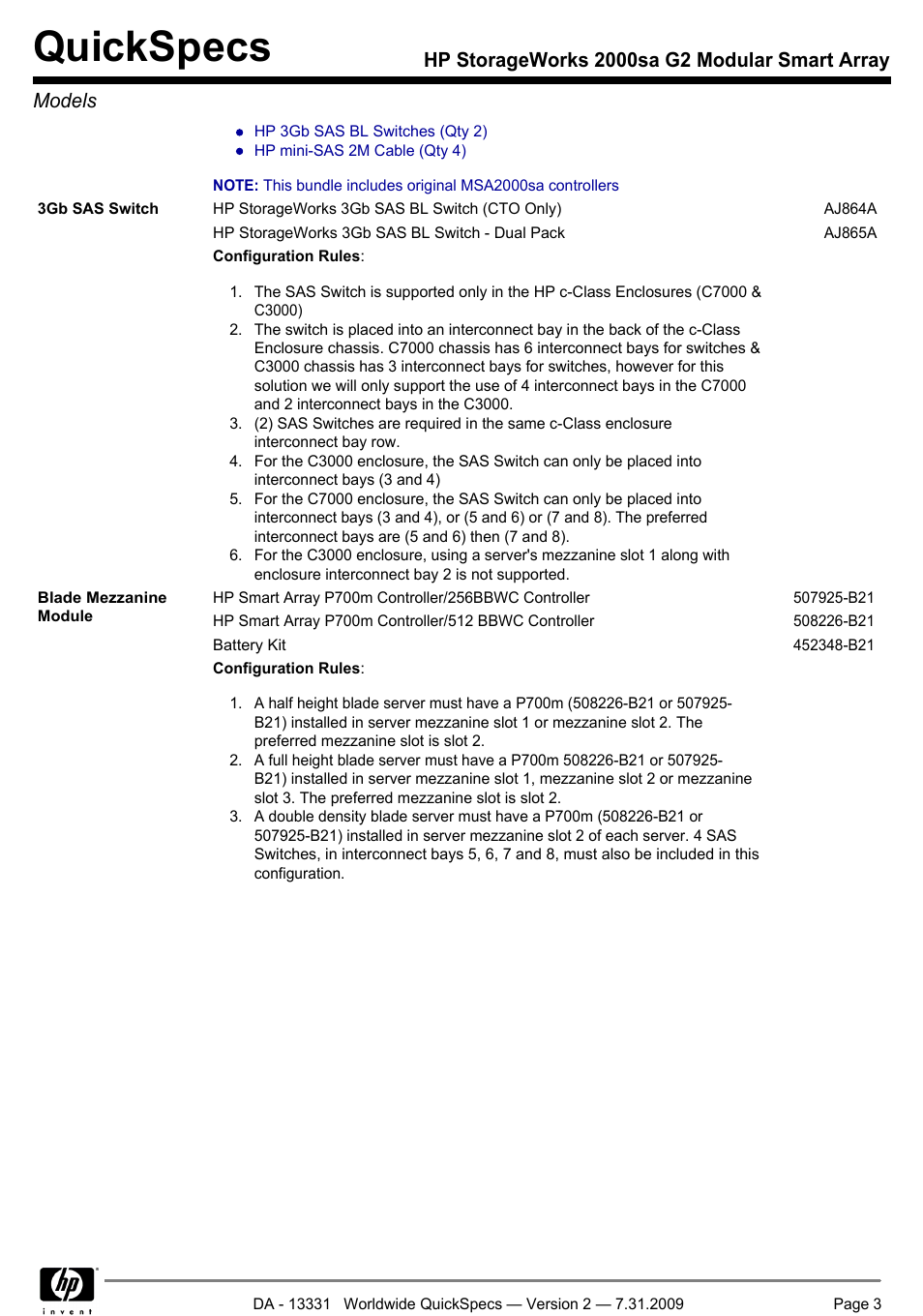 Quickspecs | HP MODULAR SMART ARRAY 2000 SA G2 User Manual | Page 3 / 24