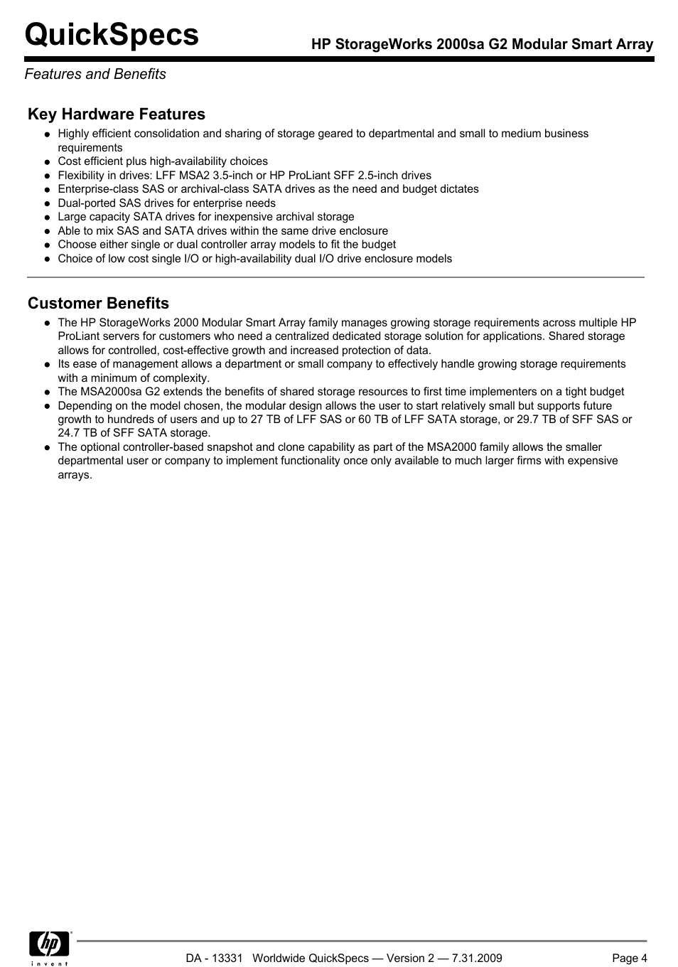 Features and benefits, Quickspecs | HP MODULAR SMART ARRAY 2000 SA G2 User Manual | Page 4 / 24