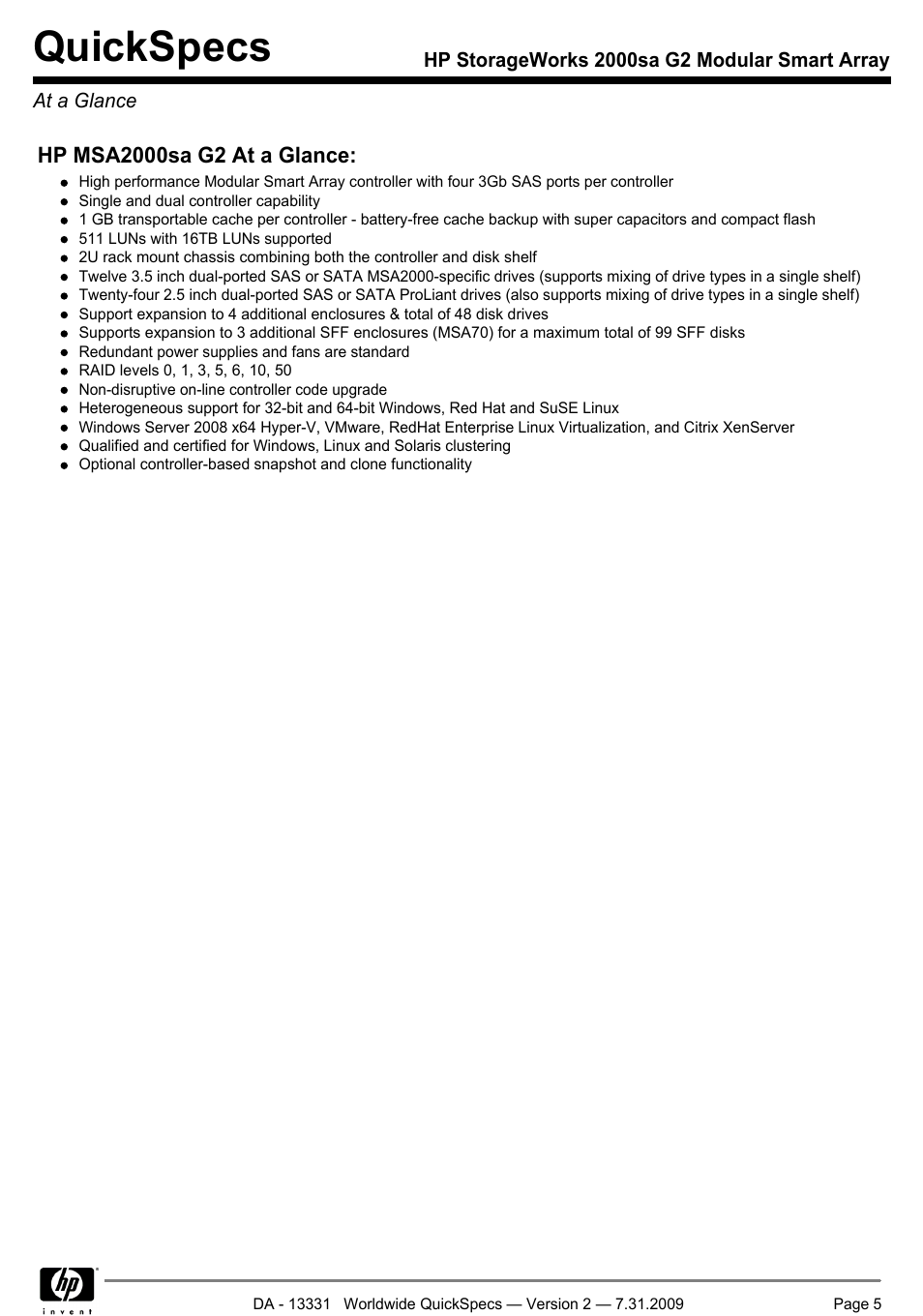 At a glance, Quickspecs | HP MODULAR SMART ARRAY 2000 SA G2 User Manual | Page 5 / 24