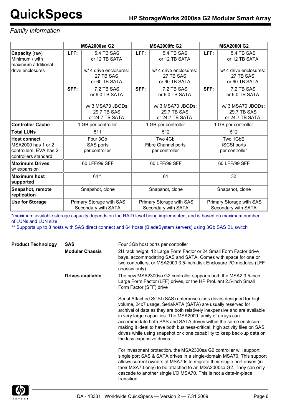 Family information, Quickspecs | HP MODULAR SMART ARRAY 2000 SA G2 User Manual | Page 6 / 24