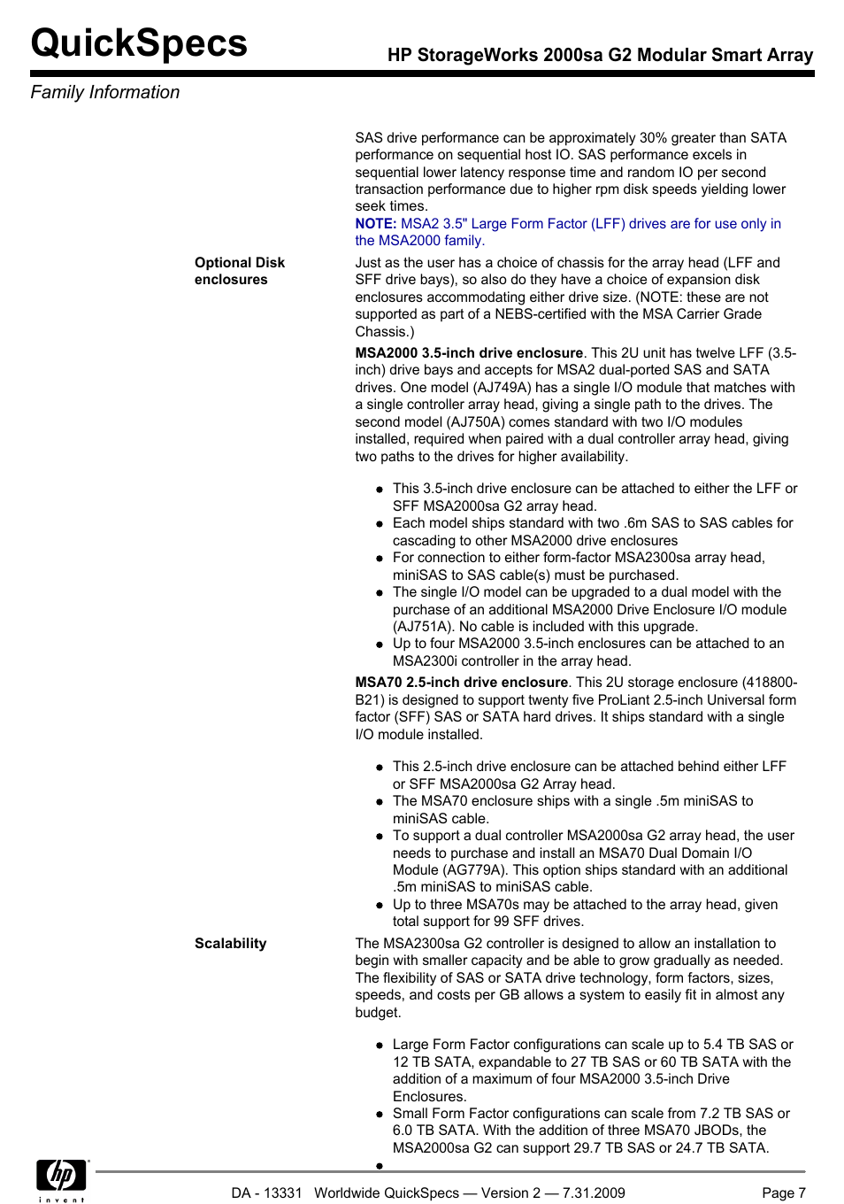 Quickspecs | HP MODULAR SMART ARRAY 2000 SA G2 User Manual | Page 7 / 24