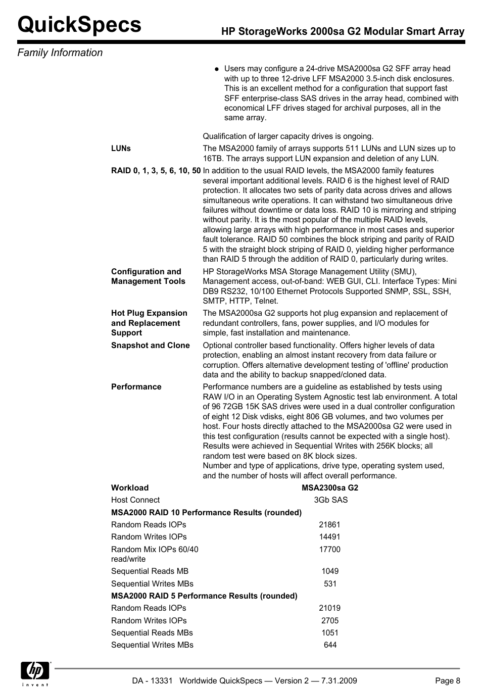 Quickspecs | HP MODULAR SMART ARRAY 2000 SA G2 User Manual | Page 8 / 24