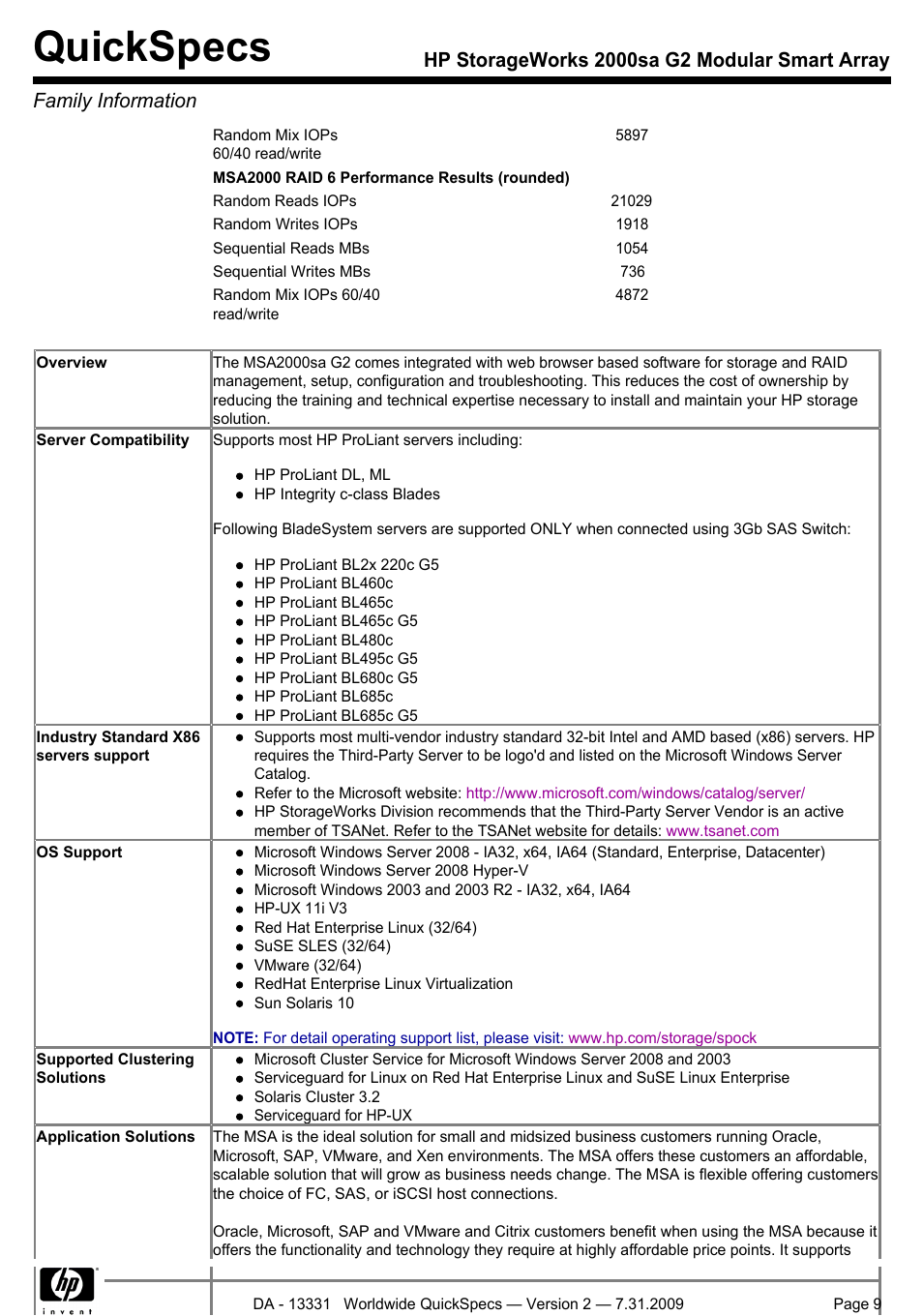 Quickspecs | HP MODULAR SMART ARRAY 2000 SA G2 User Manual | Page 9 / 24