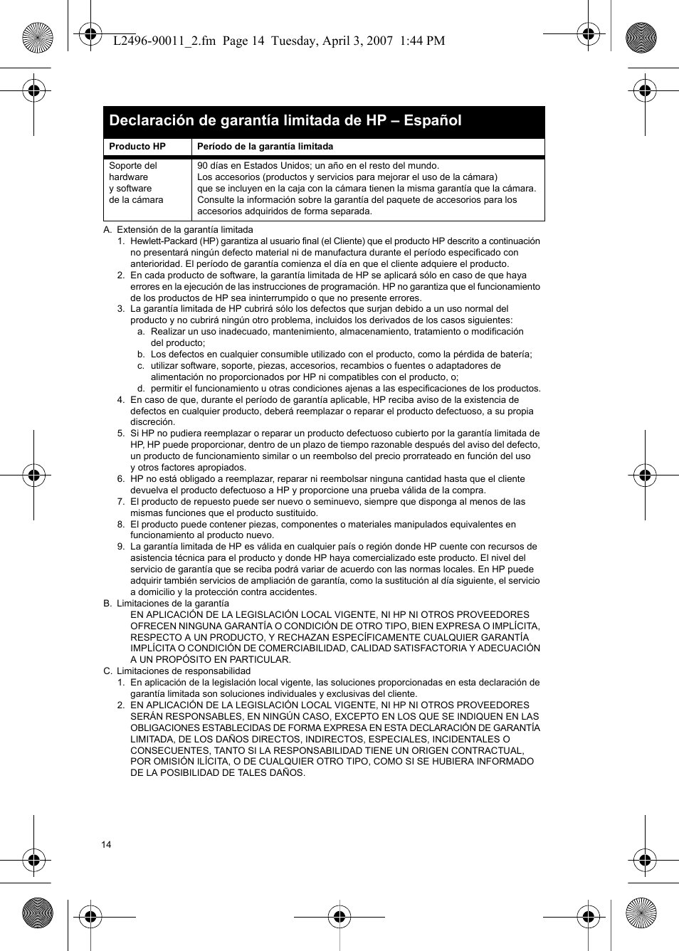 Declaración de garantía limitada de hp – español | HP PhotoSmart E-Series User Manual | Page 16 / 76