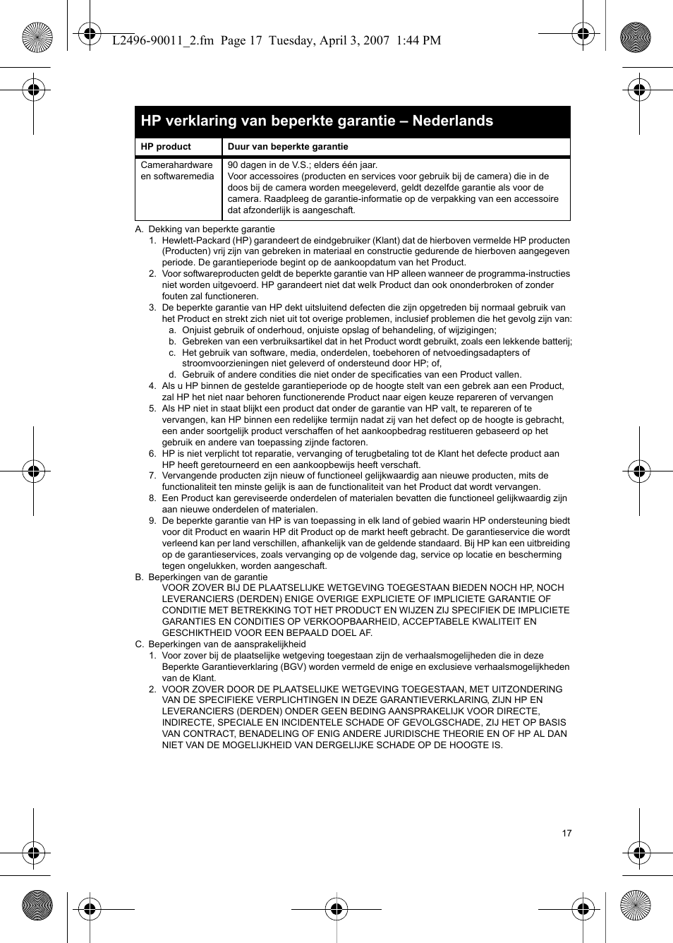 Hp verklaring van beperkte garantie – nederlands | HP PhotoSmart E-Series User Manual | Page 19 / 76
