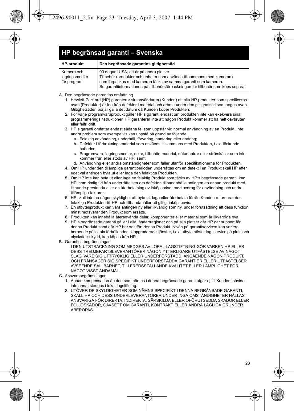 Hp begränsad garanti – svenska | HP PhotoSmart E-Series User Manual | Page 25 / 76