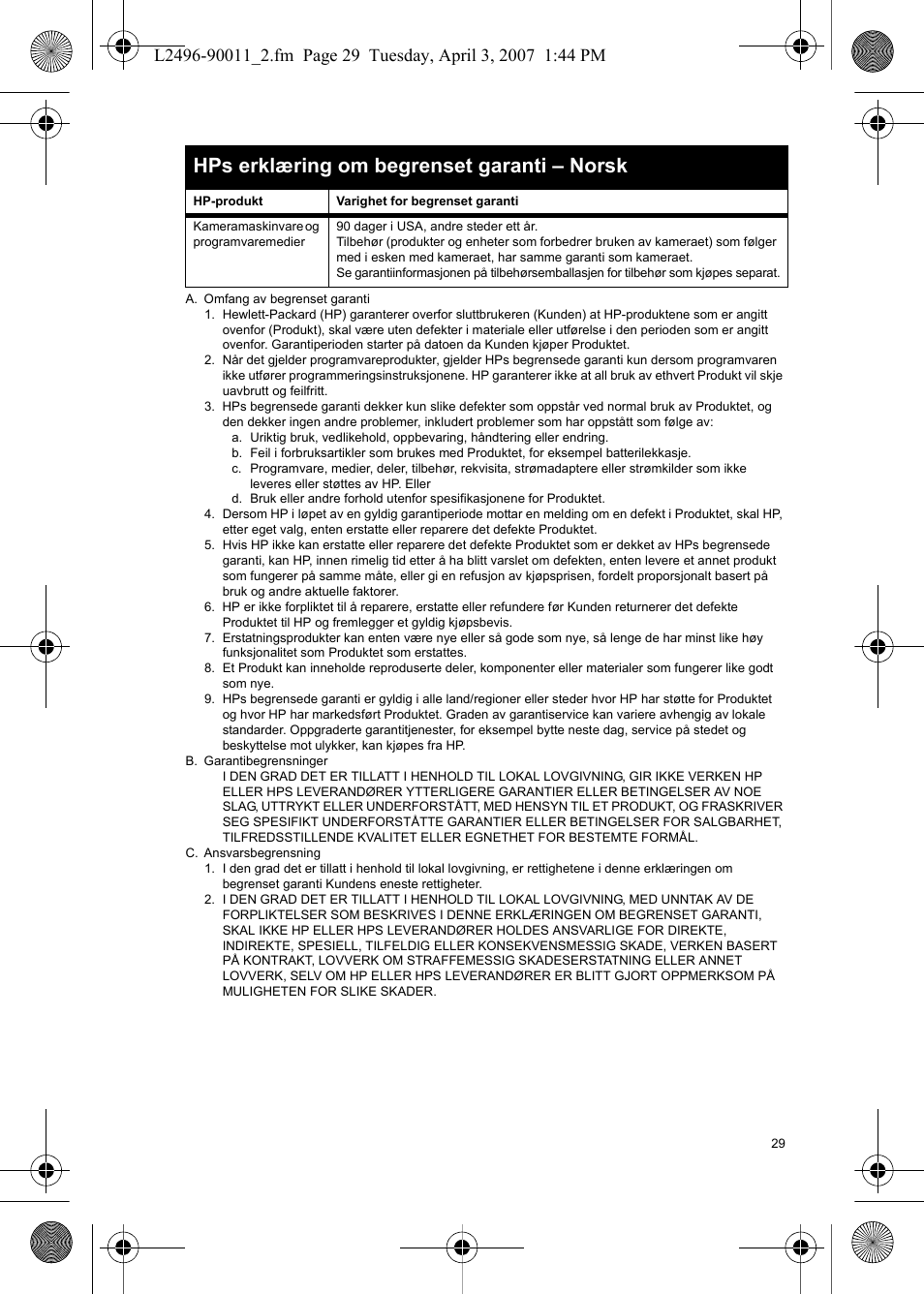 Hps erklæring om begrenset garanti – norsk | HP PhotoSmart E-Series User Manual | Page 31 / 76