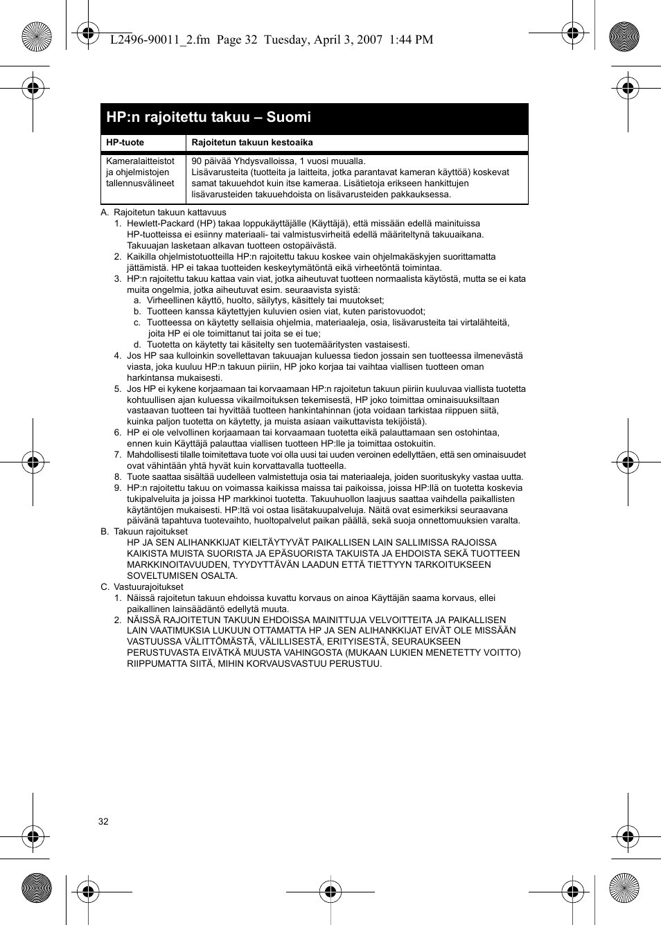 Hp:n rajoitettu takuu – suomi | HP PhotoSmart E-Series User Manual | Page 34 / 76