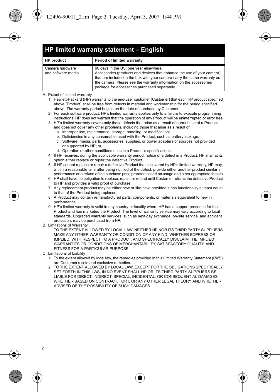 Hp limited warranty statement – english | HP PhotoSmart E-Series User Manual | Page 4 / 76