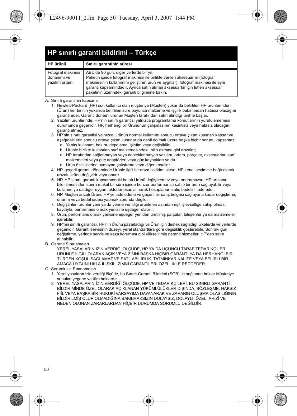 Hp sınırlı garanti bildirimi – türkçe | HP PhotoSmart E-Series User Manual | Page 52 / 76