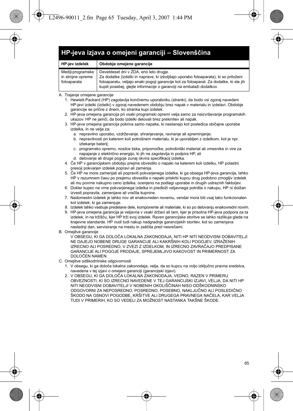 Hp-jeva izjava o omejeni garanciji – slovenščina | HP PhotoSmart E-Series User Manual | Page 67 / 76