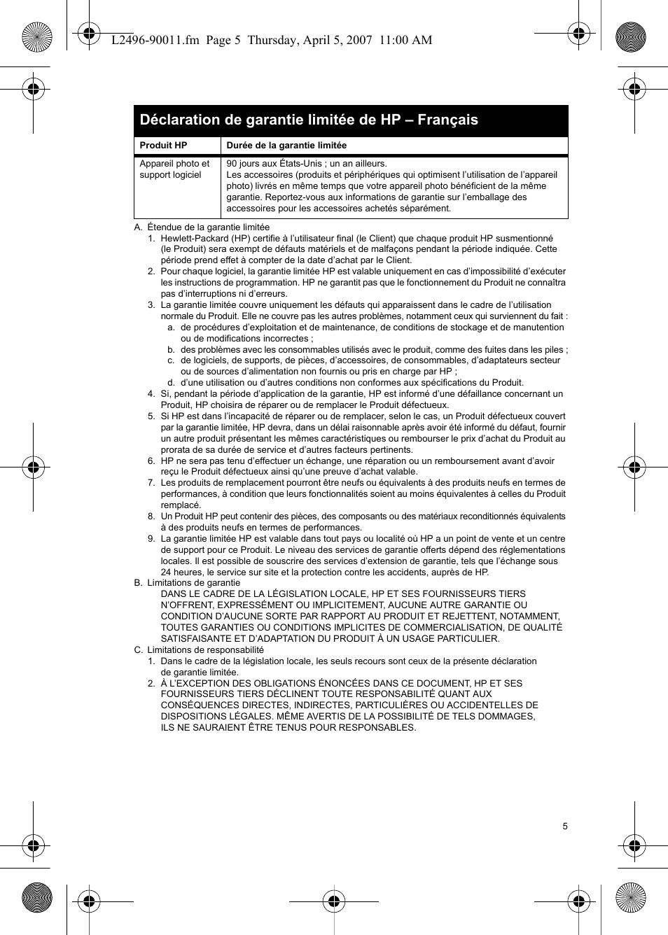 Déclaration de garantie limitée de hp – français | HP PhotoSmart E-Series User Manual | Page 7 / 76