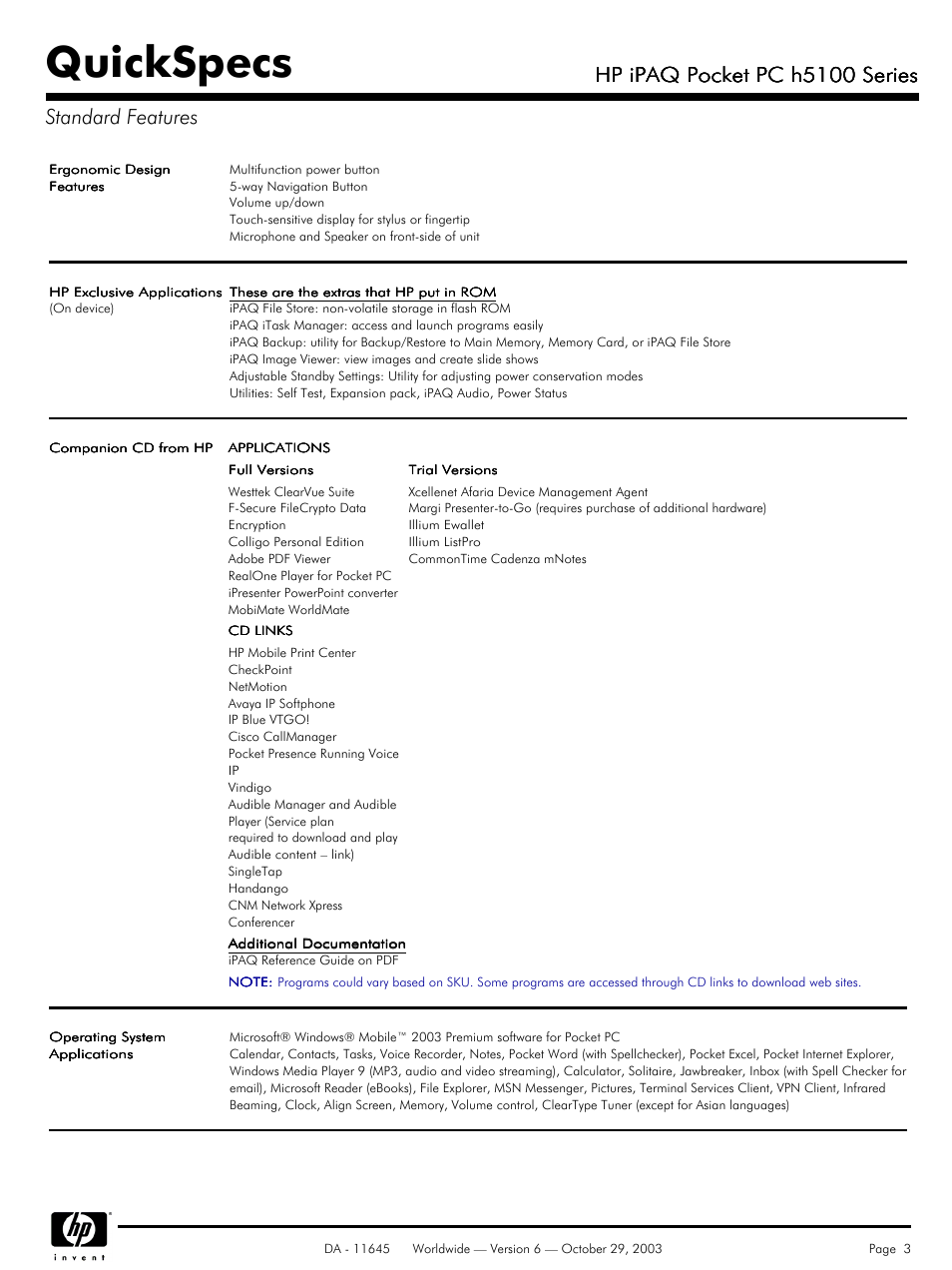 Quickspecs, Hp ipaq pocket pc h5100 series, Hp ipaq pocket pc h5100 series standard features | HP iPaq Pocket PC H5100 User Manual | Page 3 / 8