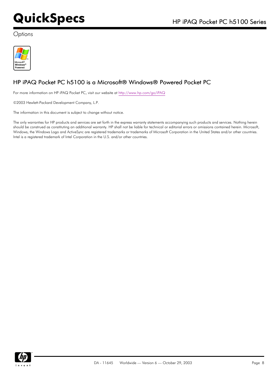 Quickspecs | HP iPaq Pocket PC H5100 User Manual | Page 8 / 8