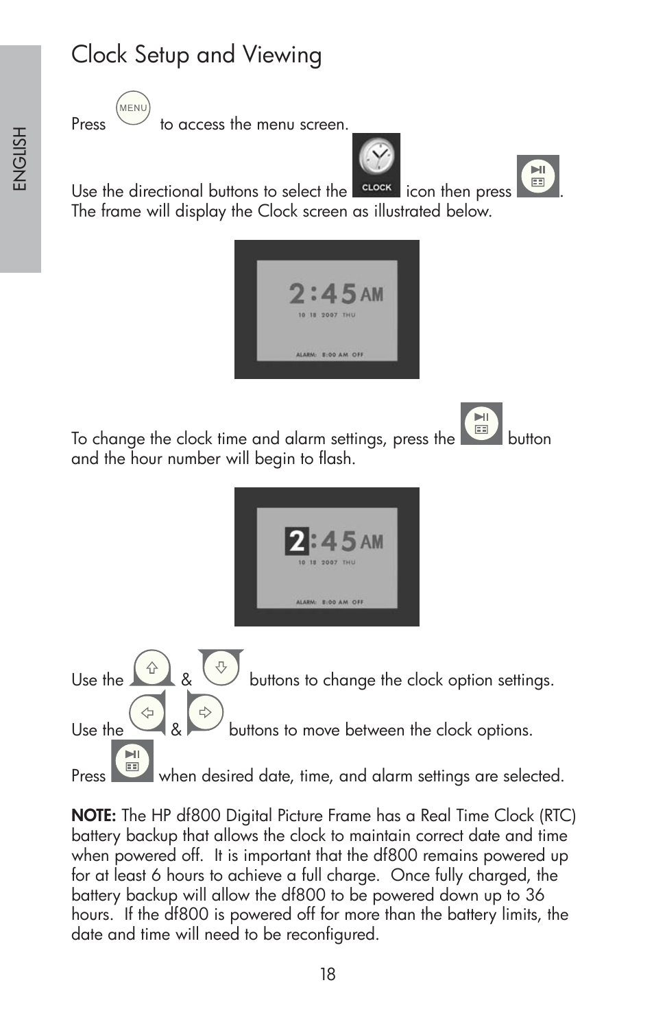 Clock setup and viewing | HP DF800 User Manual | Page 20 / 86