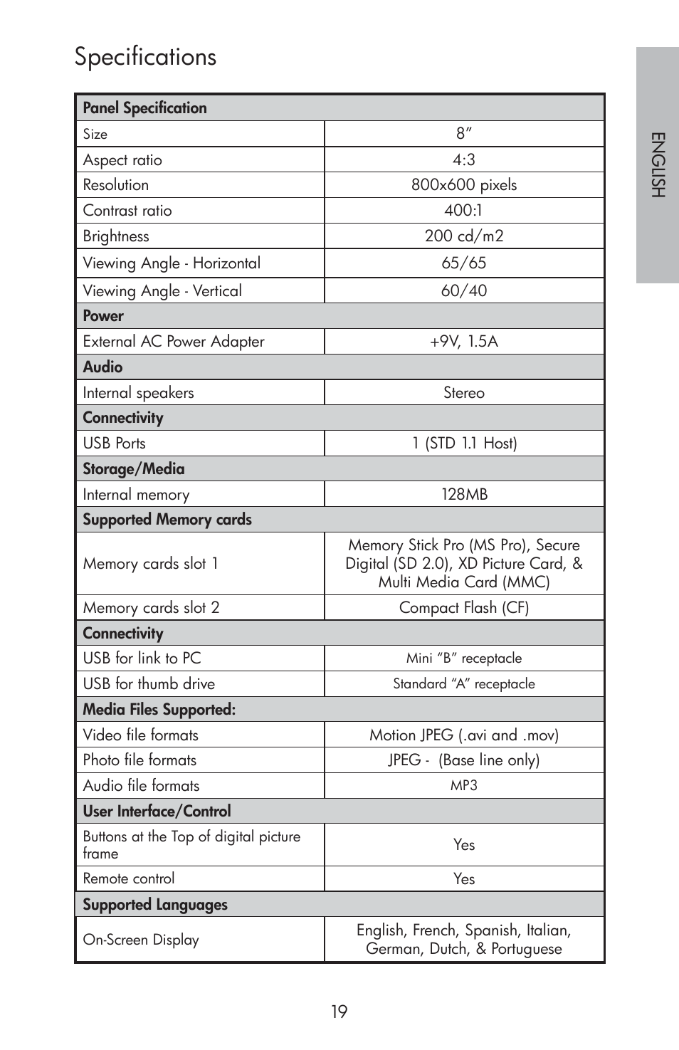Specifications | HP DF800 User Manual | Page 21 / 86