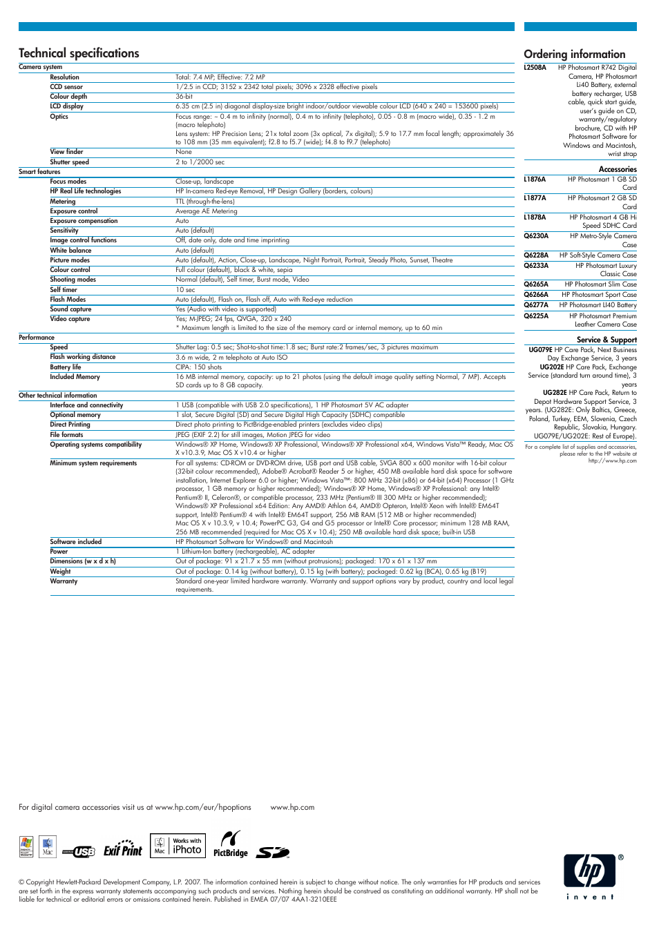 Technical specifications, Ordering information | HP PhotoSmart R742 User Manual | Page 2 / 2