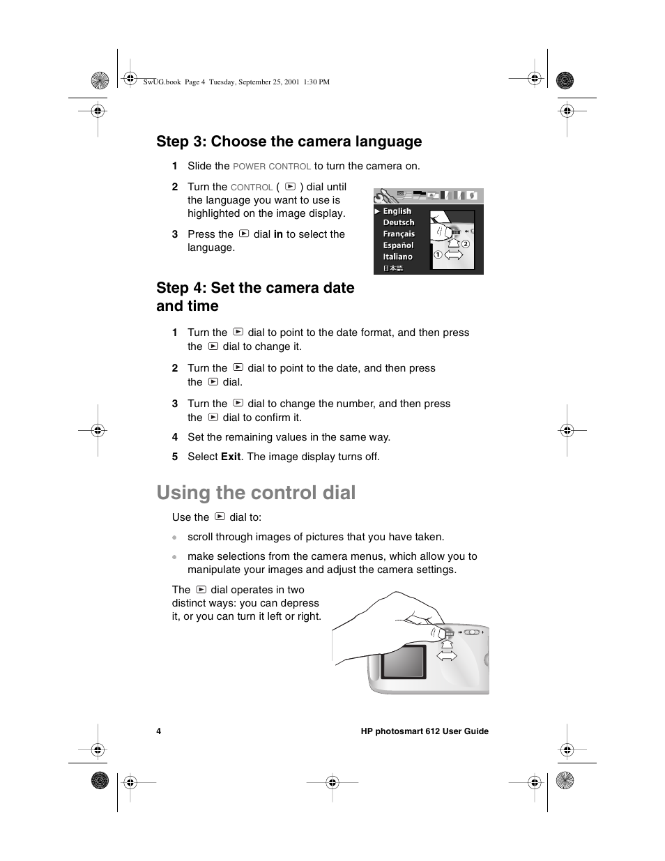 Using the control dial, Step 3: choose the camera language, Step 4: set the camera date and time | HP Photosmart 612 User Manual | Page 12 / 84